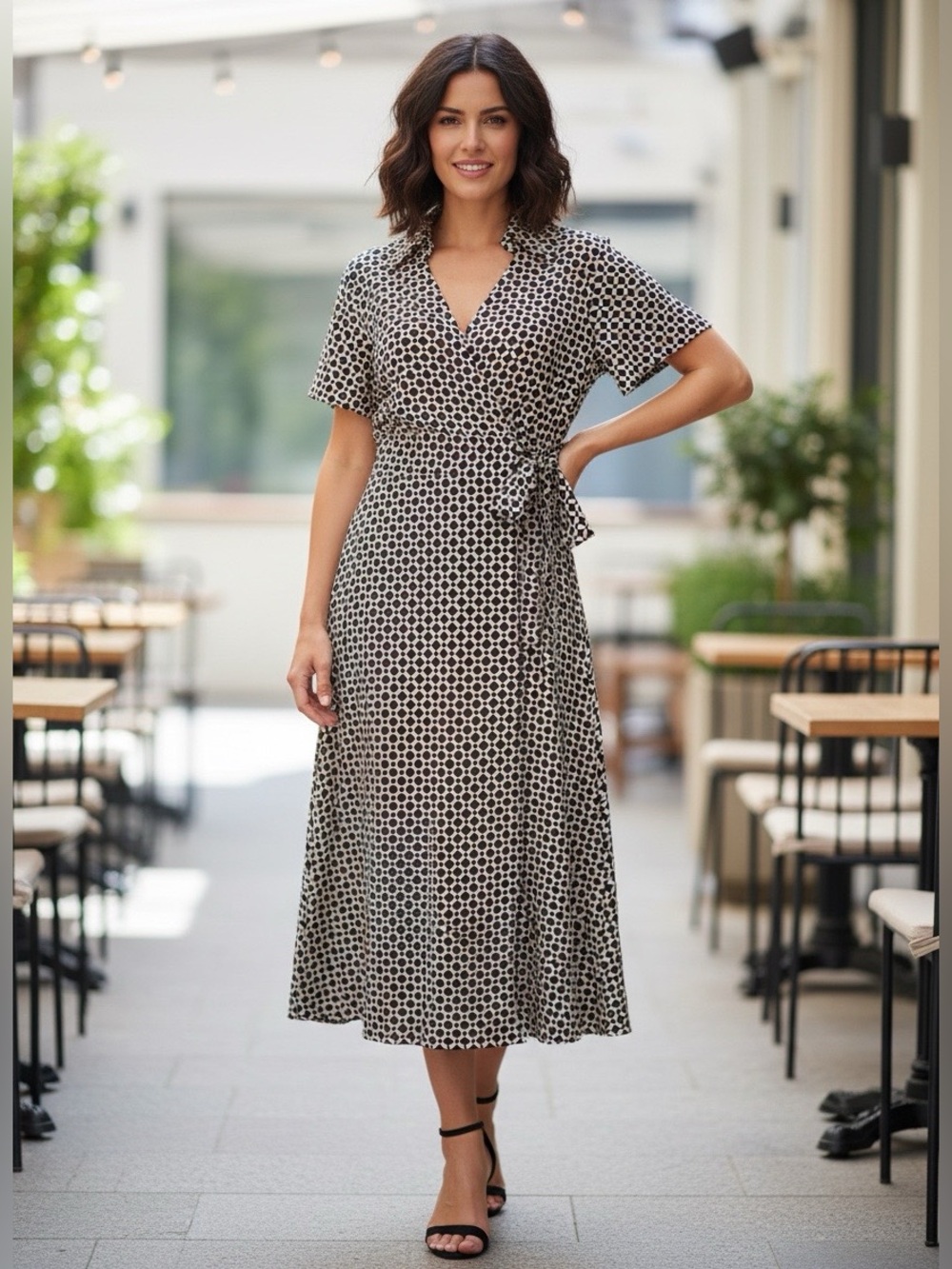 Cato Woman 18W Plus Wrap Midi Dress Brown Geometric Print Tie Waist NWT
